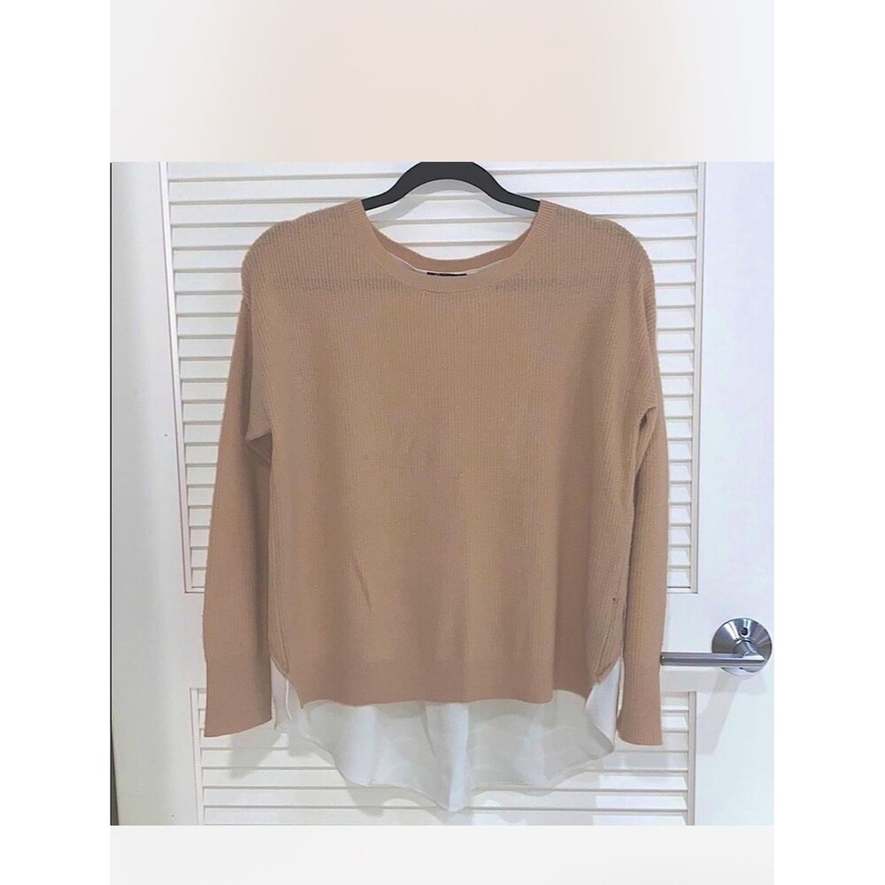 Club Monaco Layered Hem Crewneck Sweater - Camel & White